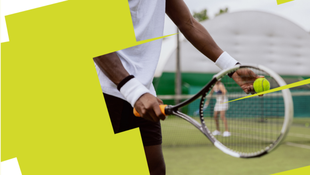 Web banner. image shows are of a man holding a tennis racket and ball, about to serve