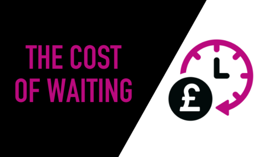 Pink letters on a black background read 'The cost of waiting'. There is an image of a clock and a pound sign.